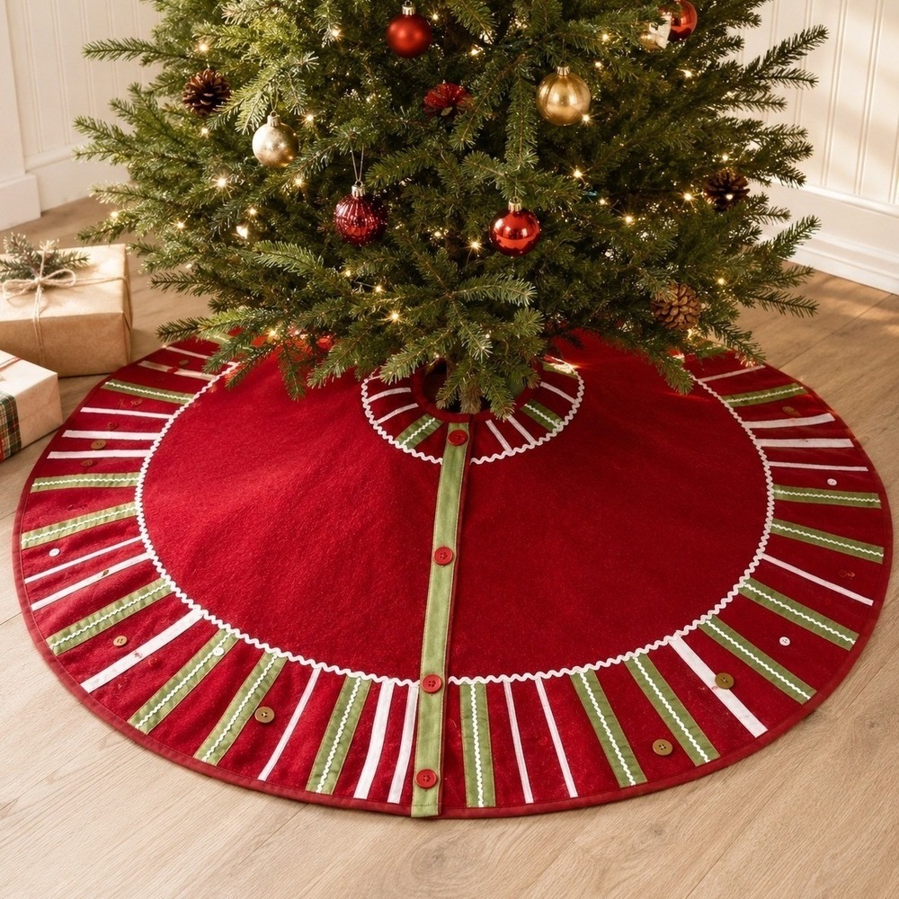 Vintage Red Wool Felt Christmas Tree Skirt 50" Buttons Ric Rac Retro Holiday